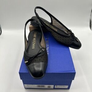 NEW Stuart Weitzman Sleek Bow Slingback Flat,Black Pindot Mesh Women SZ: 5 B,NIB